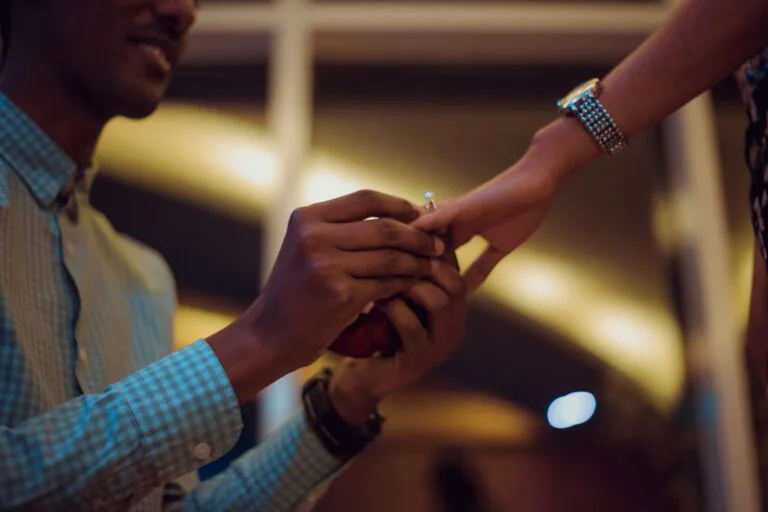 A man proposing to a woman with a ring